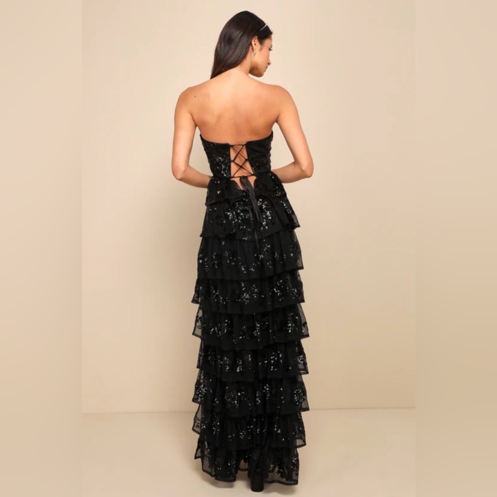 NWT! Lulus Definite Glamour Black Sequin Strapless Bustier Maxi Dress - Size XL - Picture 2 of 8